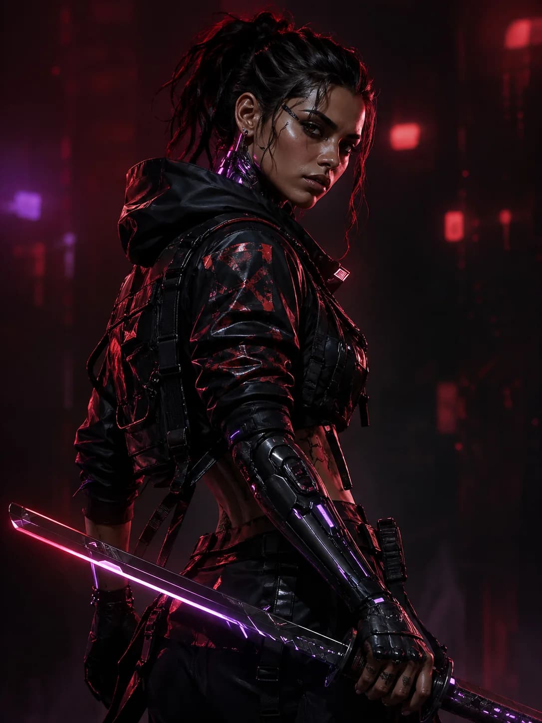 Nara Vex com katana neural no jogo cyberpunk brasileiro Neon Marginal