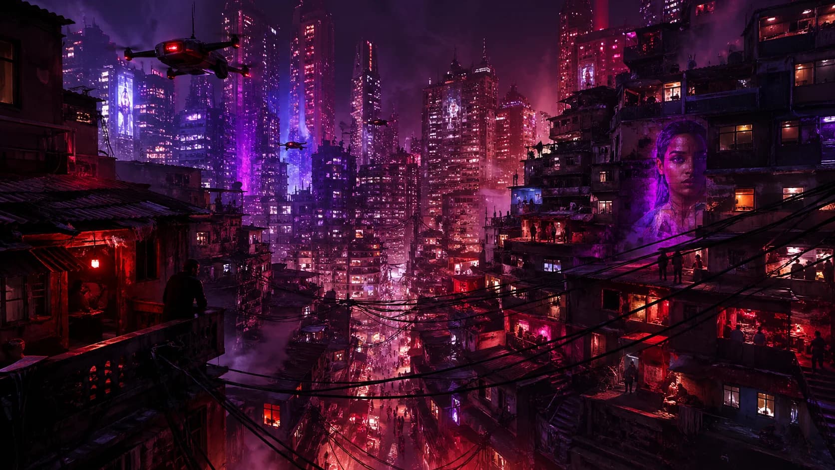Cidade cyberpunk brasileira vertical e hostil do jogo Neon Marginal