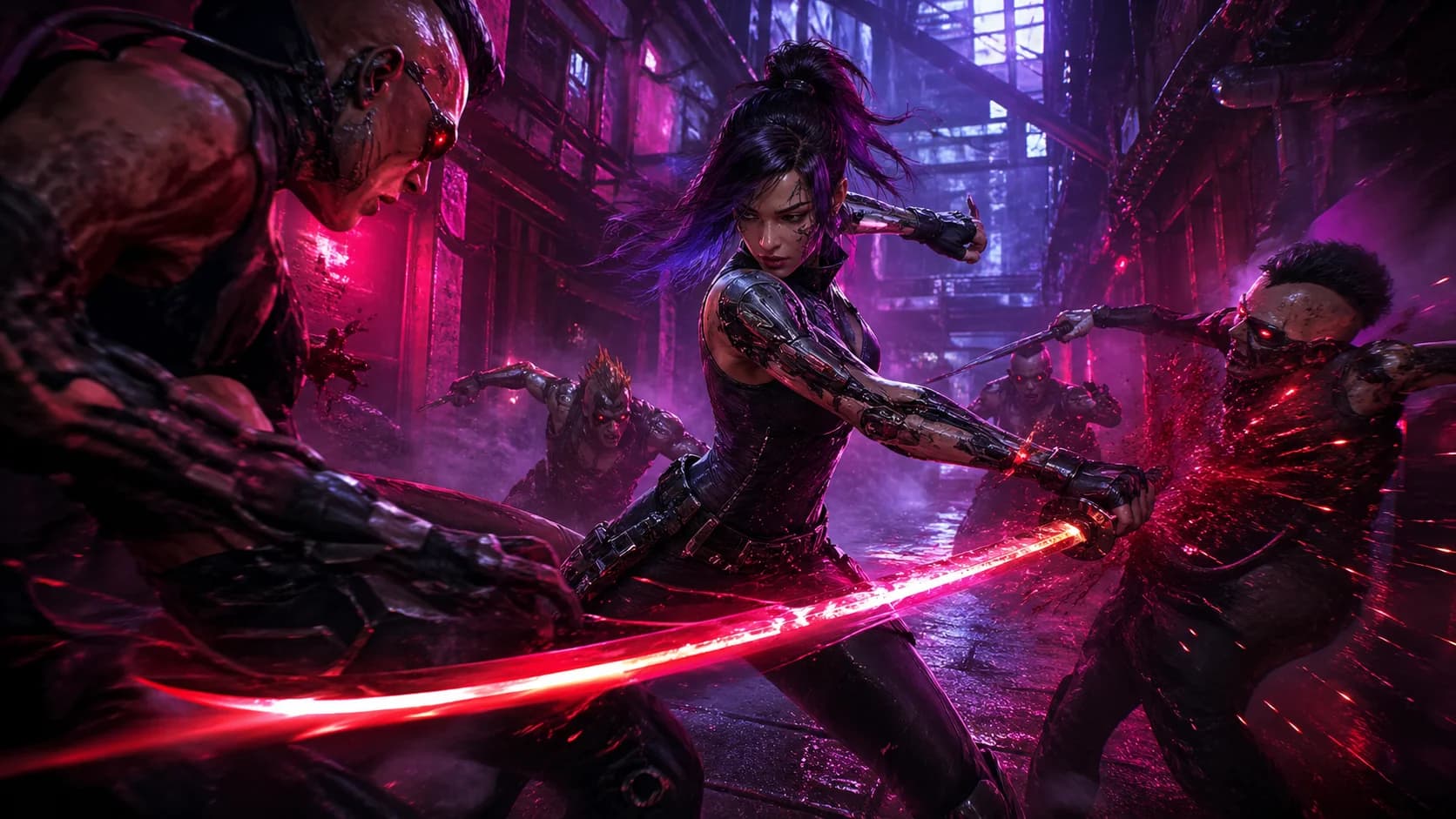 Combate com katana e implantes cibernéticos no jogo Neon Marginal