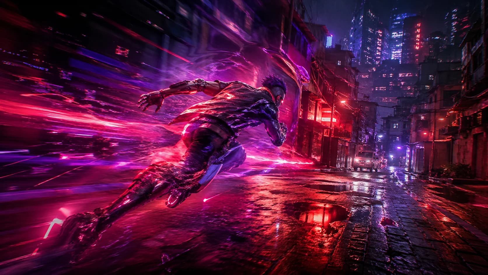 Dash cibernético em movimento acelerado no jogo Neon Marginal