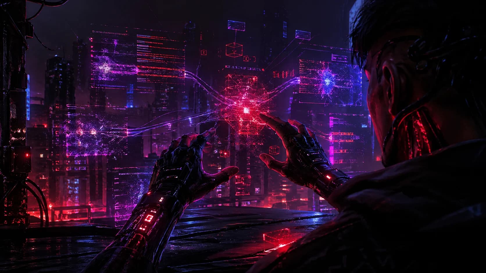 Interface de hacking e invasão digital no jogo Neon Marginal