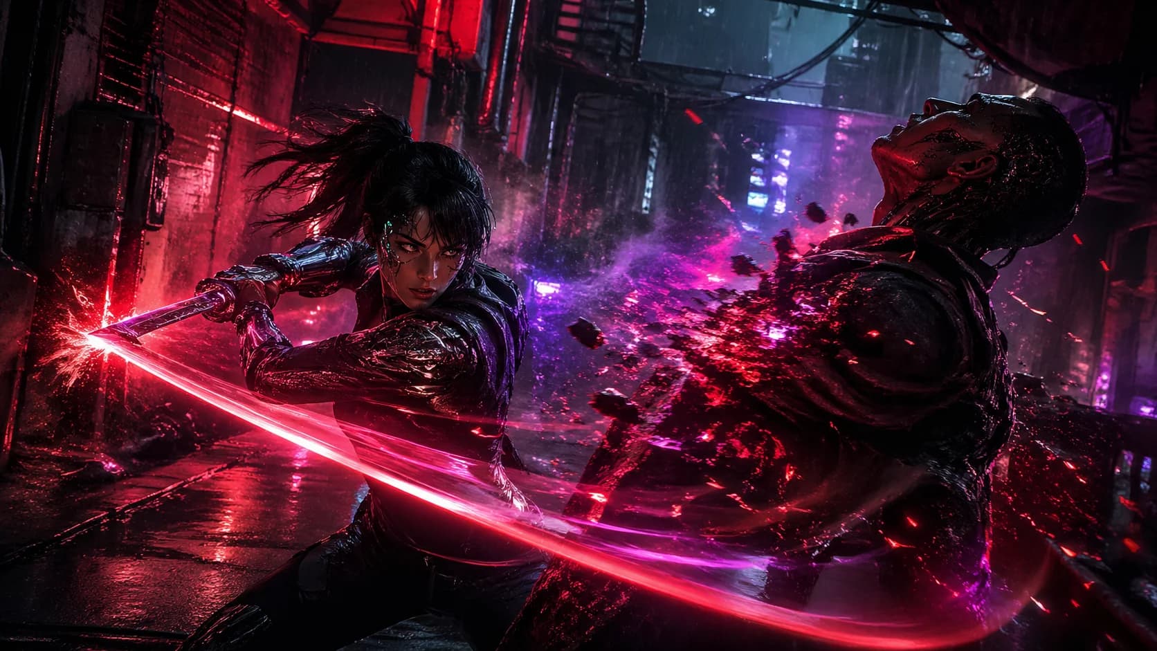 Combate com katana neural em cenário urbano cyberpunk do jogo Neon Marginal